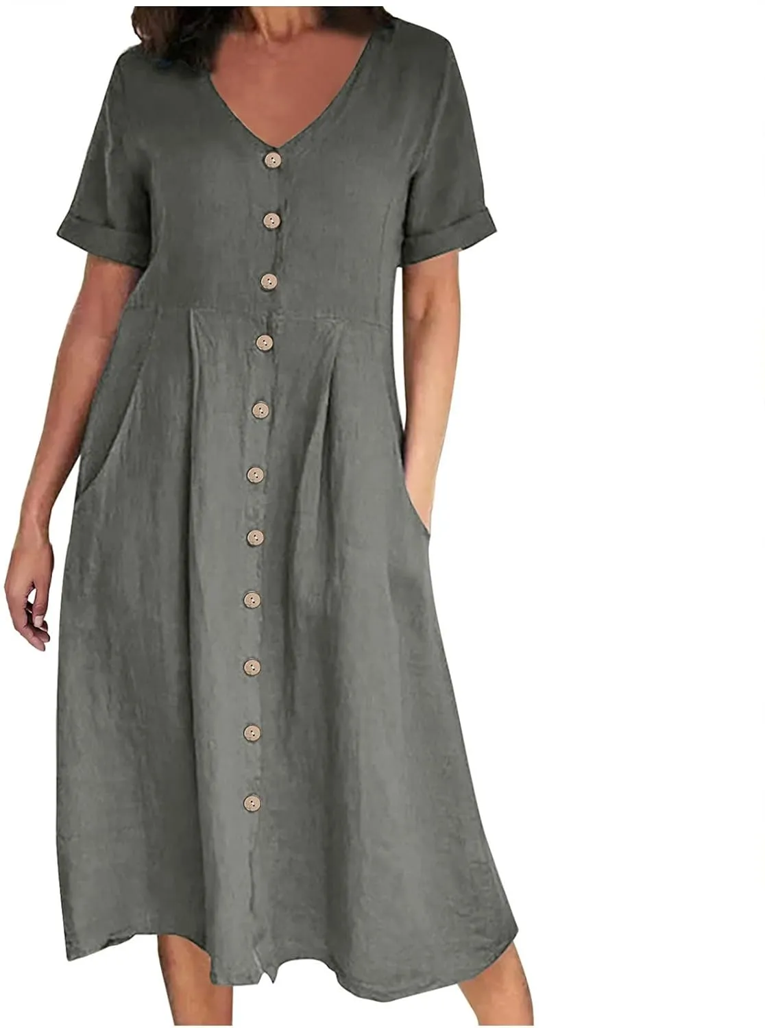 Women's Casual V Neck Button Down Dresses Linen Dress Short Sleeve Midi Length Loose Fit Summer Dresses with Pockets