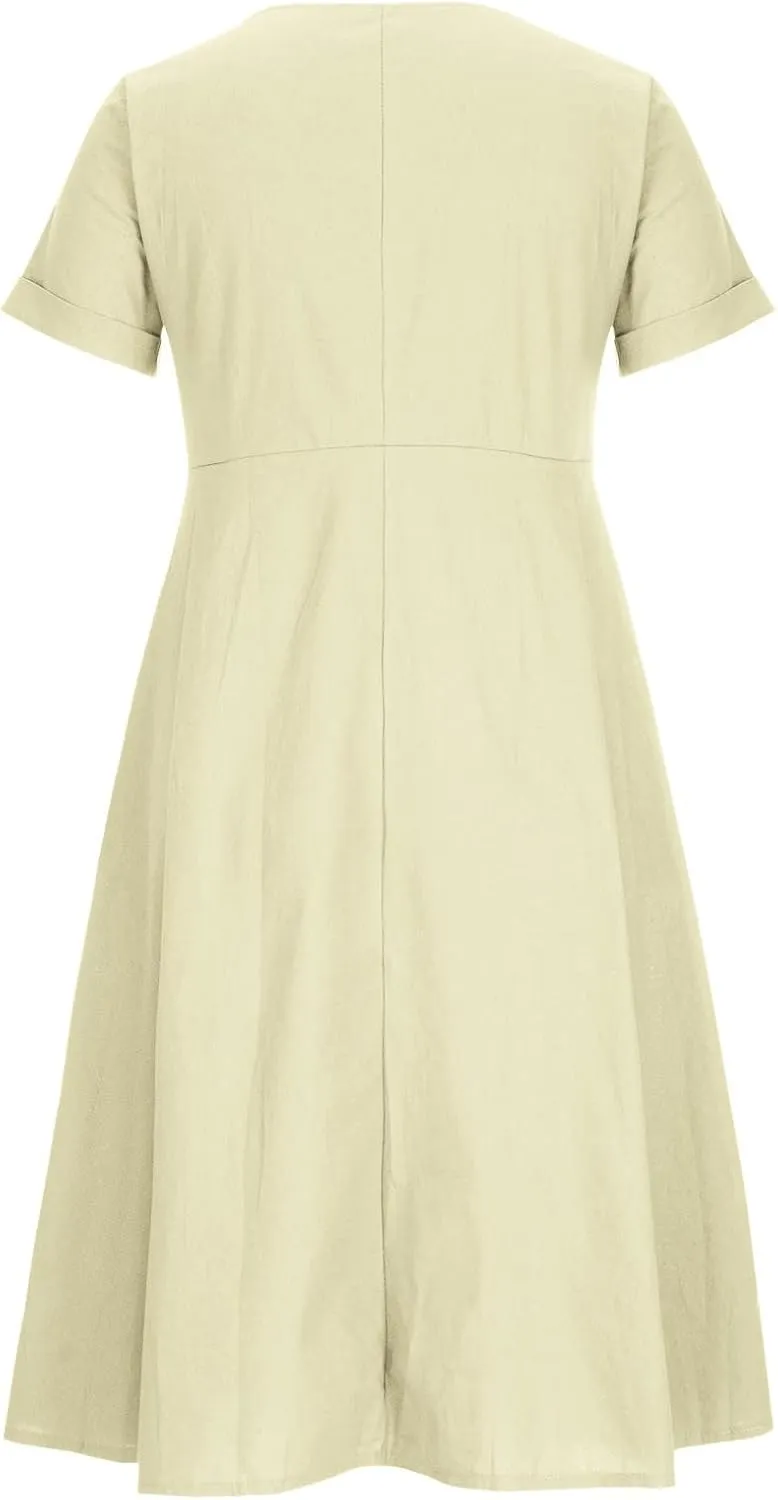 Women's Casual V Neck Button Down Dresses Linen Dress Short Sleeve Midi Length Loose Fit Summer Dresses with Pockets