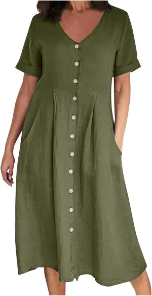 Women's Casual V Neck Button Down Dresses Linen Dress Short Sleeve Midi Length Loose Fit Summer Dresses with Pockets