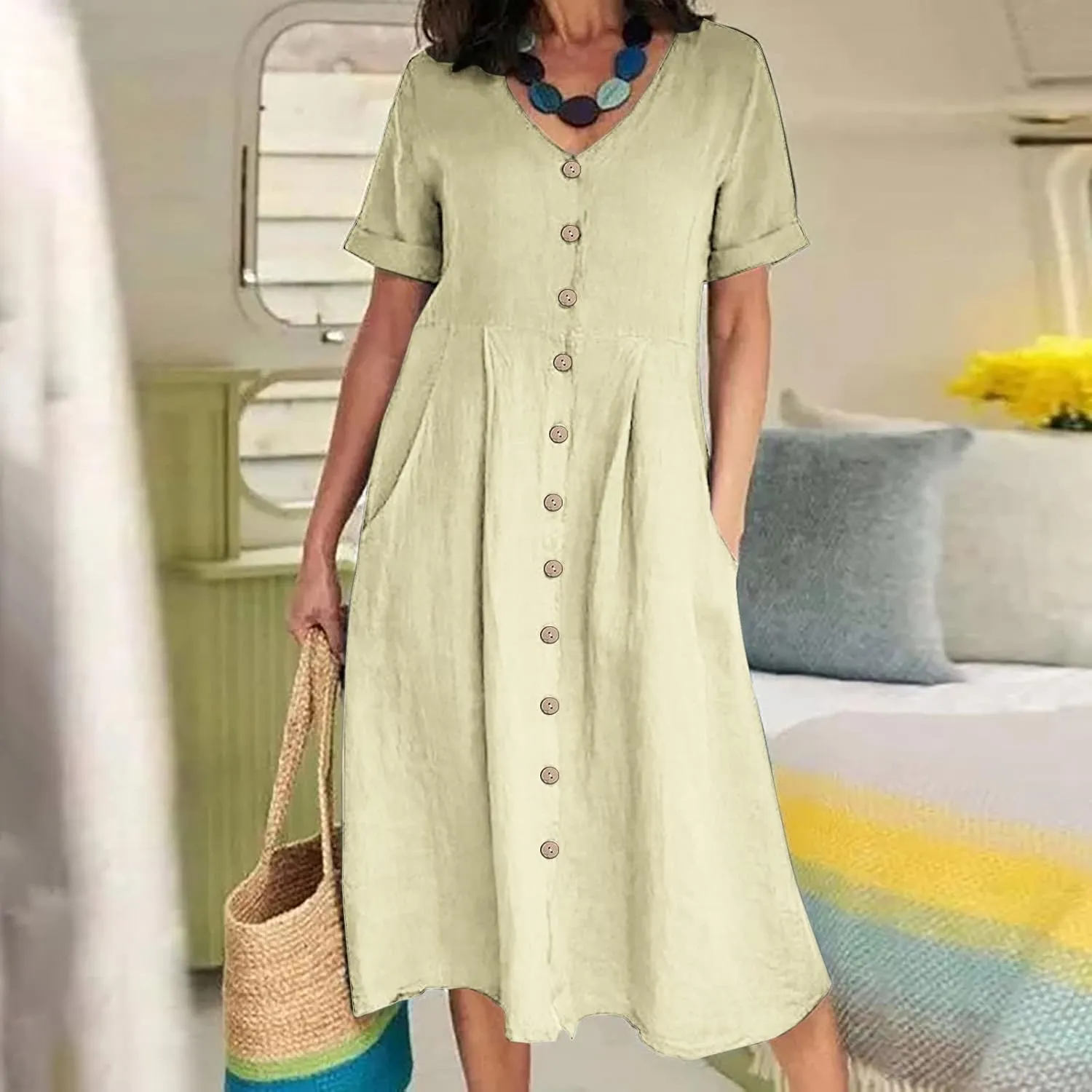 Women's Casual V Neck Button Down Dresses Linen Dress Short Sleeve Midi Length Loose Fit Summer Dresses with Pockets