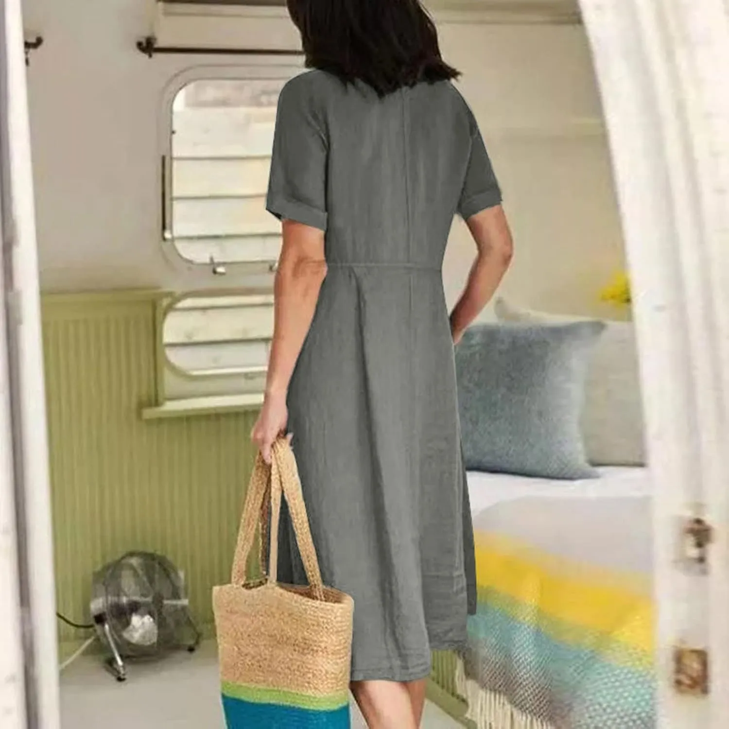 Women's Casual V Neck Button Down Dresses Linen Dress Short Sleeve Midi Length Loose Fit Summer Dresses with Pockets