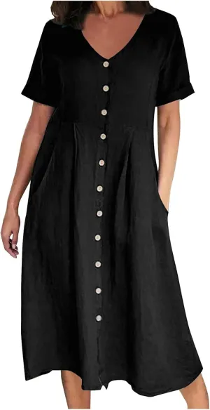 Women's Casual V Neck Button Down Dresses Linen Dress Short Sleeve Midi Length Loose Fit Summer Dresses with Pockets