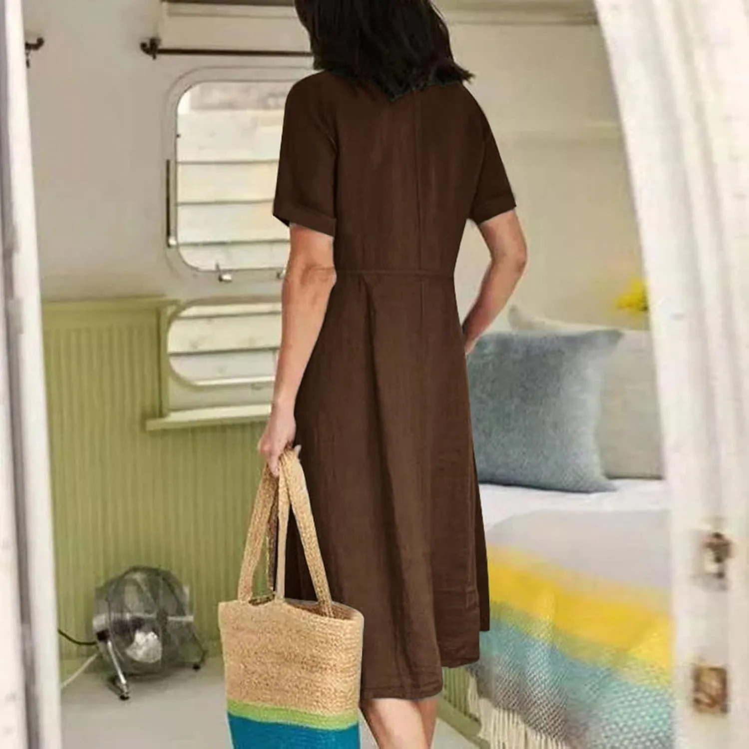 Women's Casual V Neck Button Down Dresses Linen Dress Short Sleeve Midi Length Loose Fit Summer Dresses with Pockets