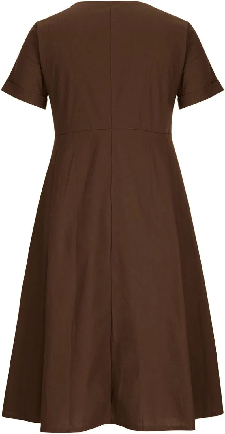 Women's Casual V Neck Button Down Dresses Linen Dress Short Sleeve Midi Length Loose Fit Summer Dresses with Pockets