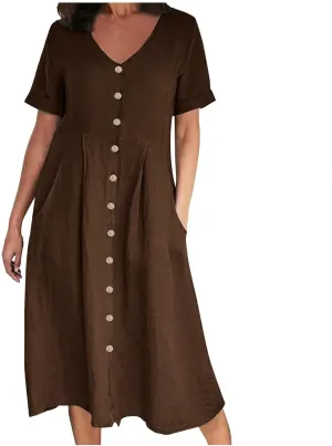 Women's Casual V Neck Button Down Dresses Linen Dress Short Sleeve Midi Length Loose Fit Summer Dresses with Pockets