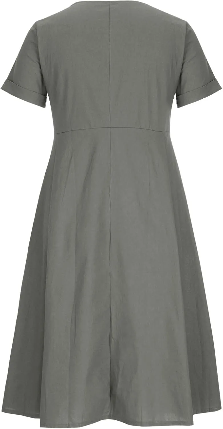 Women's Casual V Neck Button Down Dresses Linen Dress Short Sleeve Midi Length Loose Fit Summer Dresses with Pockets
