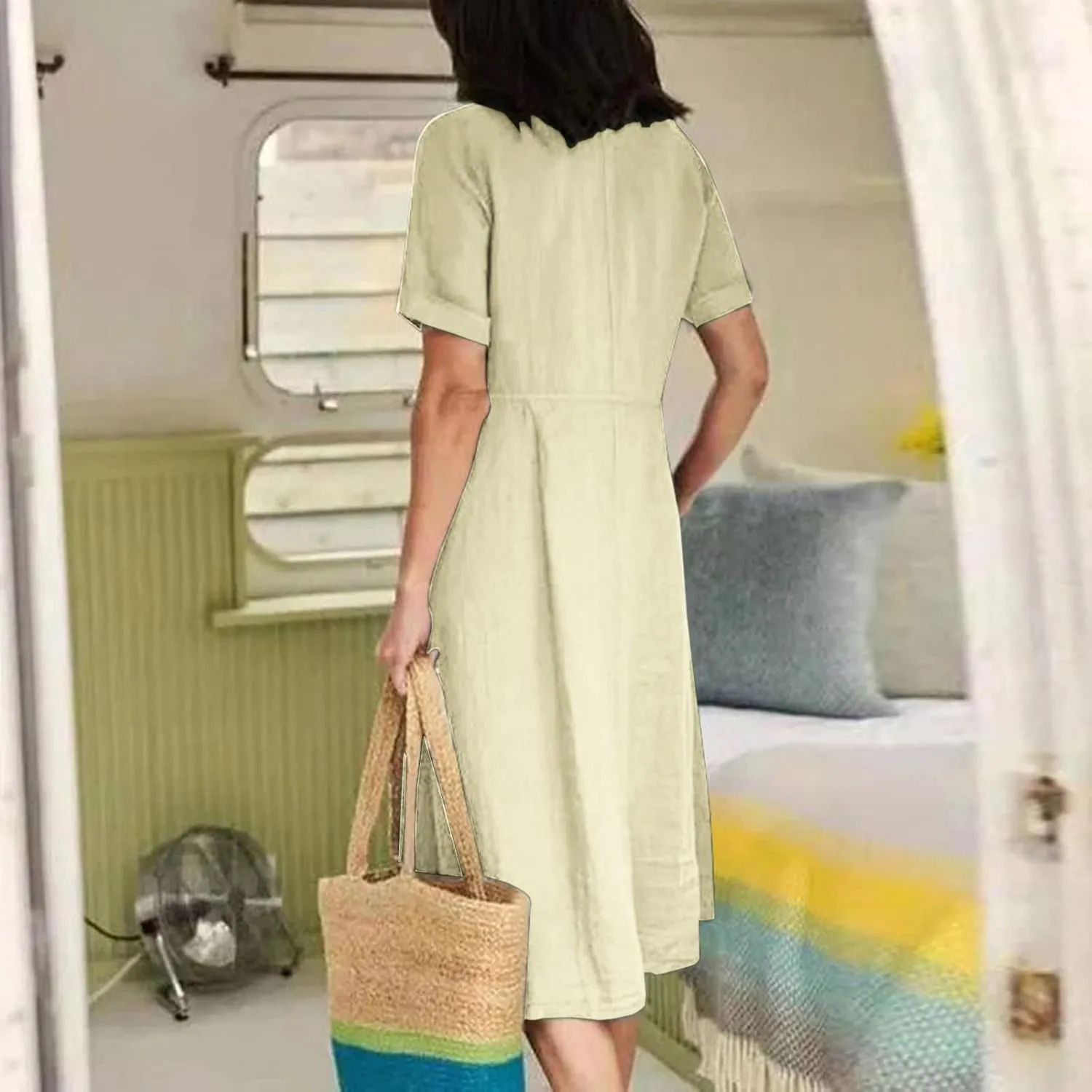 Women's Casual V Neck Button Down Dresses Linen Dress Short Sleeve Midi Length Loose Fit Summer Dresses with Pockets