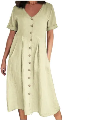 Women's Casual V Neck Button Down Dresses Linen Dress Short Sleeve Midi Length Loose Fit Summer Dresses with Pockets