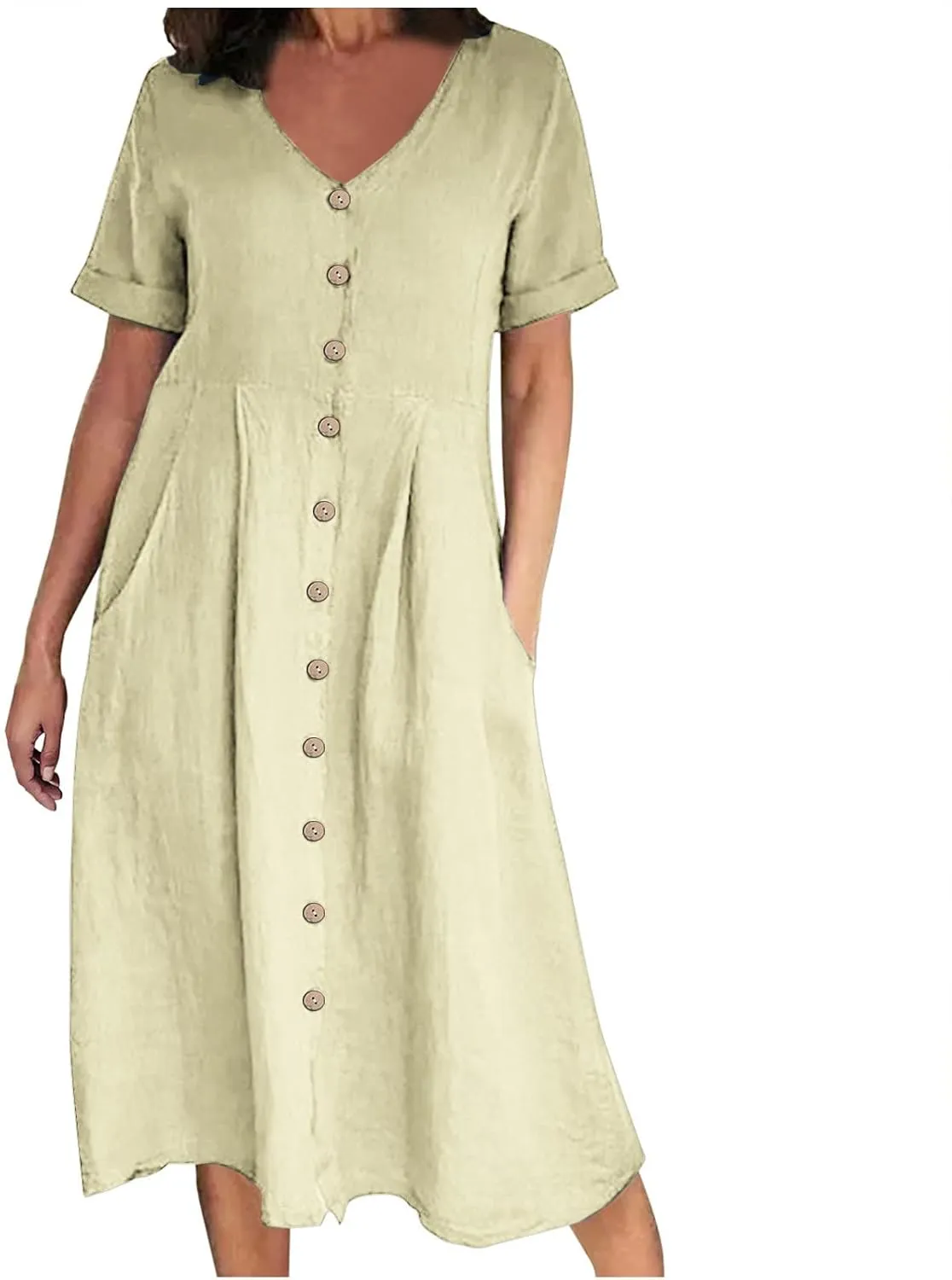Women's Casual V Neck Button Down Dresses Linen Dress Short Sleeve Midi Length Loose Fit Summer Dresses with Pockets