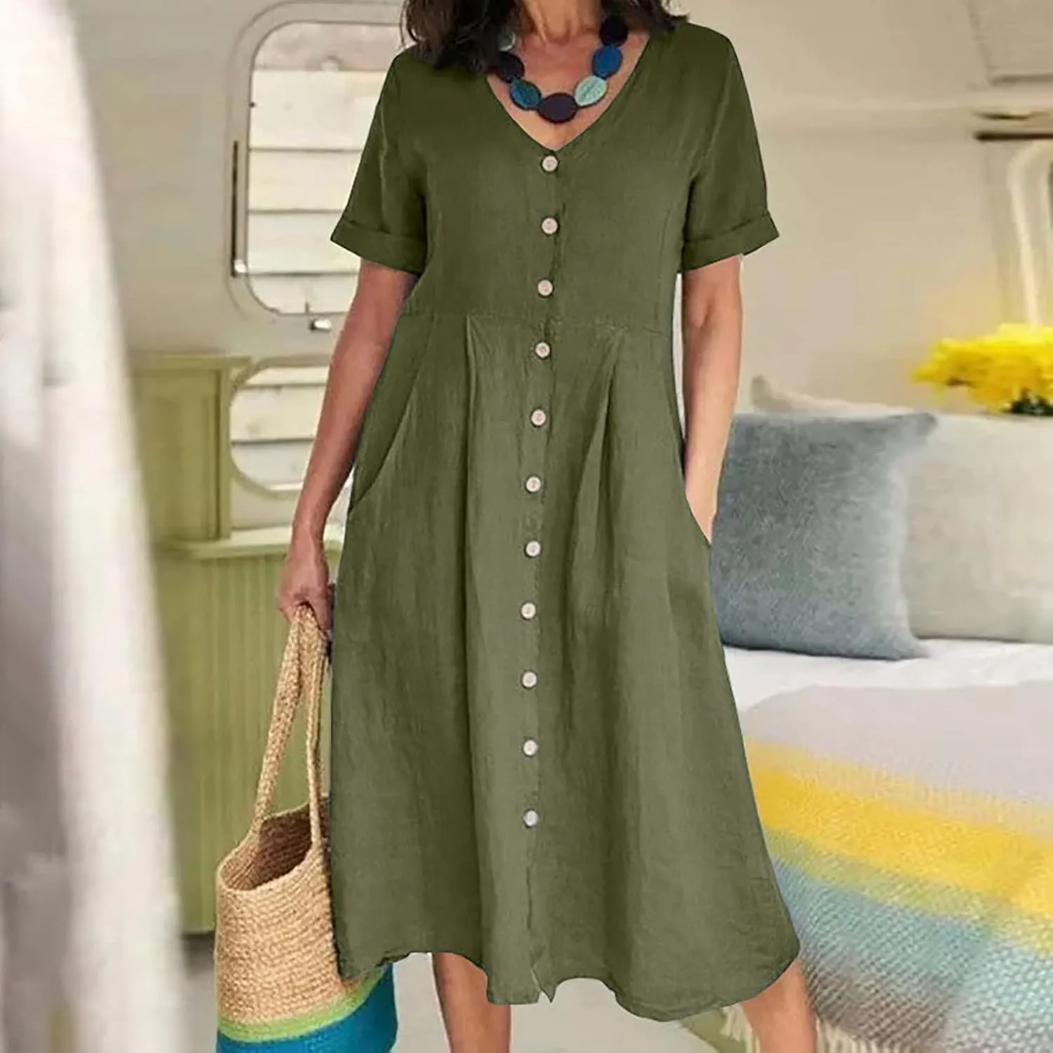 Women's Casual V Neck Button Down Dresses Linen Dress Short Sleeve Midi Length Loose Fit Summer Dresses with Pockets
