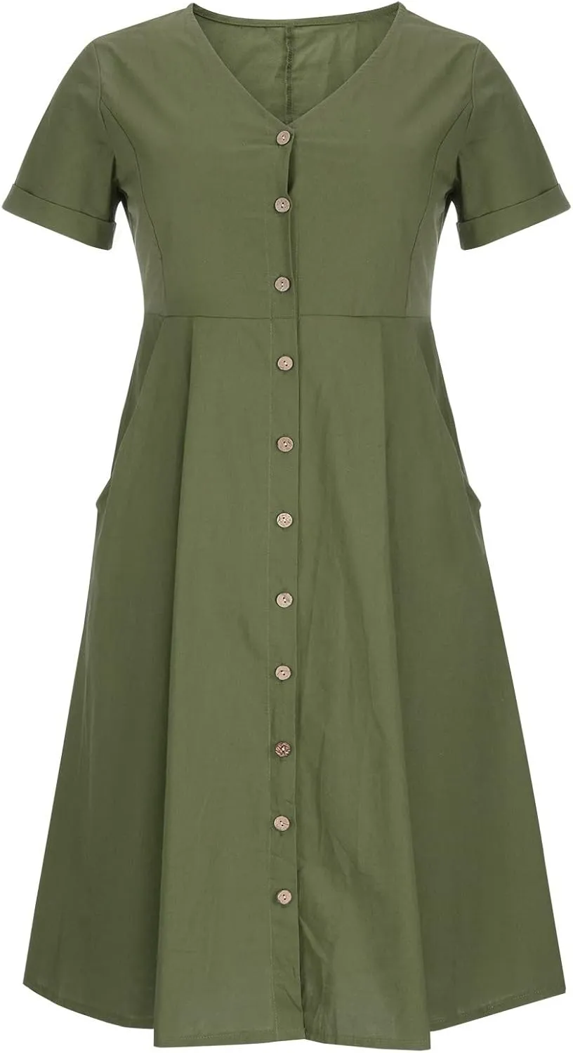 Women's Casual V Neck Button Down Dresses Linen Dress Short Sleeve Midi Length Loose Fit Summer Dresses with Pockets