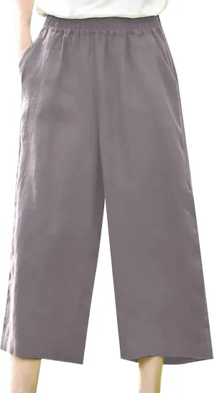 Womens Casual Wide Leg Capri Pants Elastic Waist Straight Leg Loose Fit Trousers Summer Beach Cozy Cotton Linen Cropped Pants