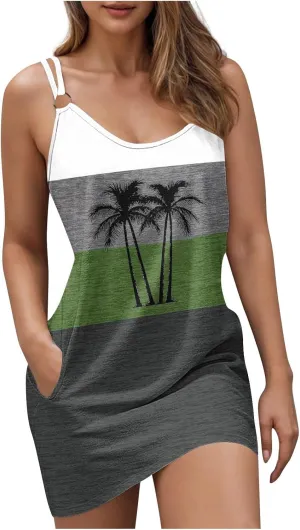 Womens Coconut Sunset Print Tank Dress with Pockets Summer Casual Sleeveless Beach Cover Ups Floral Beach Sundress