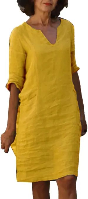Womens Cotton Linen Butter Yellow Dress Summer Short Sleeve V Neck Comfy Travel Sundresses Beach Wear Vacation Clothes