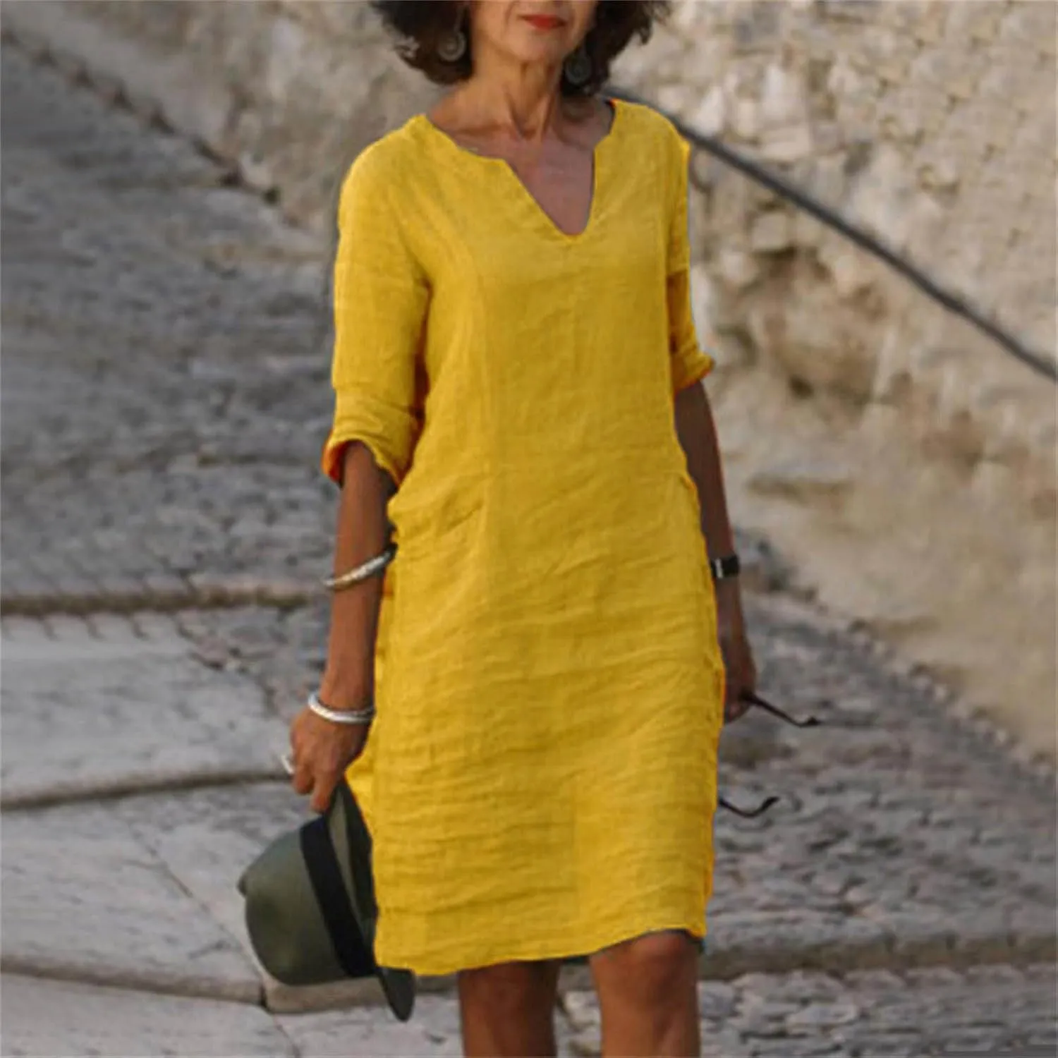 Womens Cotton Linen Butter Yellow Dress Summer Short Sleeve V Neck Comfy Travel Sundresses Beach Wear Vacation Clothes