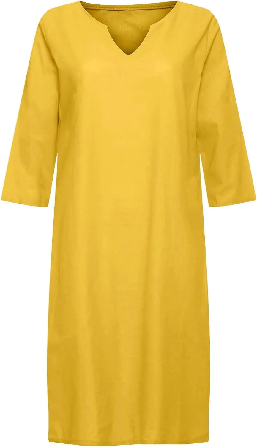 Womens Cotton Linen Butter Yellow Dress Summer Short Sleeve V Neck Comfy Travel Sundresses Beach Wear Vacation Clothes