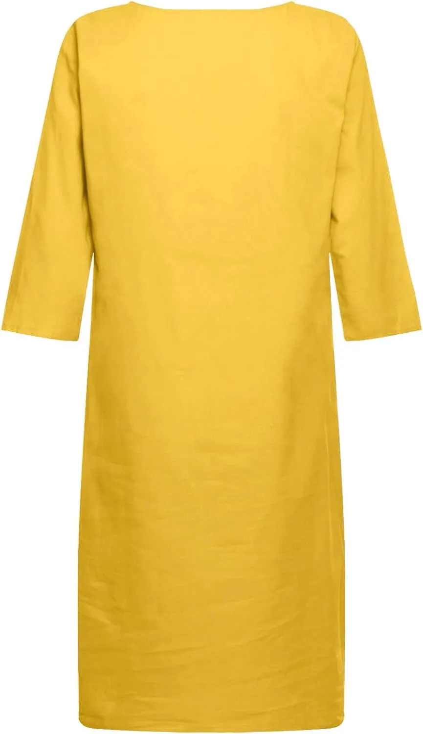 Womens Cotton Linen Butter Yellow Dress Summer Short Sleeve V Neck Comfy Travel Sundresses Beach Wear Vacation Clothes