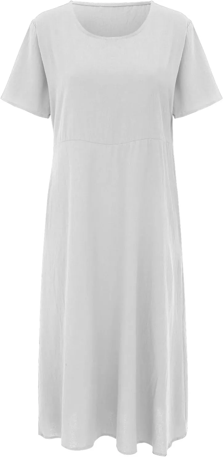 Womens Cotton Linen Dresses Summer Short Sleeve Comfy Travel Sundresses Maxi Beach Dress Vacation Clothes 2025 Plus Size