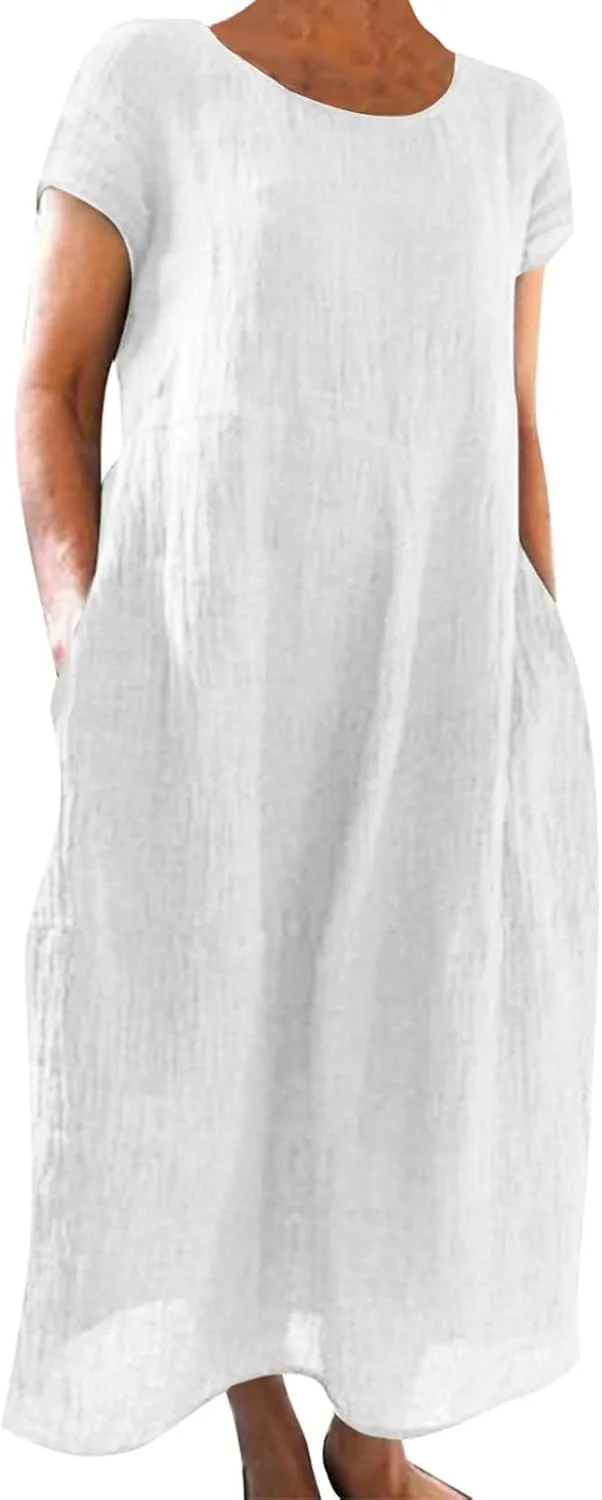 Womens Cotton Linen Dresses Summer Short Sleeve Comfy Travel Sundresses Maxi Beach Dress Vacation Clothes 2025 Plus Size