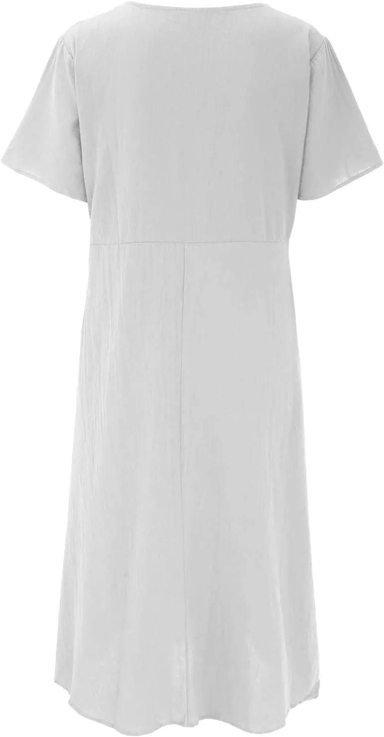 Womens Cotton Linen Dresses Summer Short Sleeve Comfy Travel Sundresses Maxi Beach Dress Vacation Clothes 2025 Plus Size