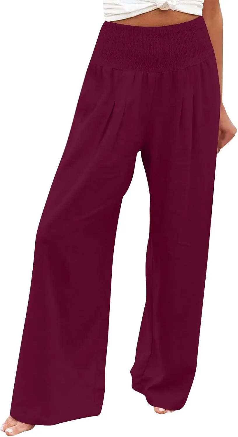 Womens Cotton Linen Summer Casual Loose Pants Elastic Waisted Long Lounge Slim Fit Palazzo Pants Trendy