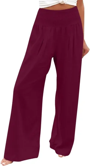 Womens Cotton Linen Summer Casual Loose Pants Elastic Waisted Long Lounge Slim Fit Palazzo Pants Trendy