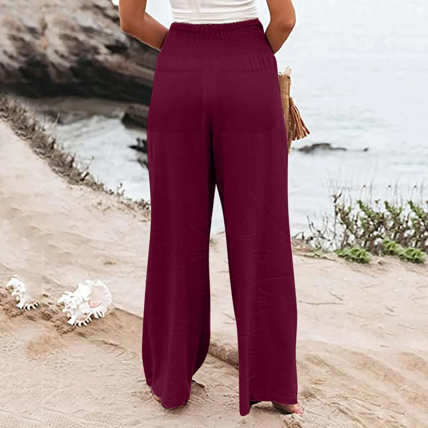 Womens Cotton Linen Summer Casual Loose Pants Elastic Waisted Long Lounge Slim Fit Palazzo Pants Trendy