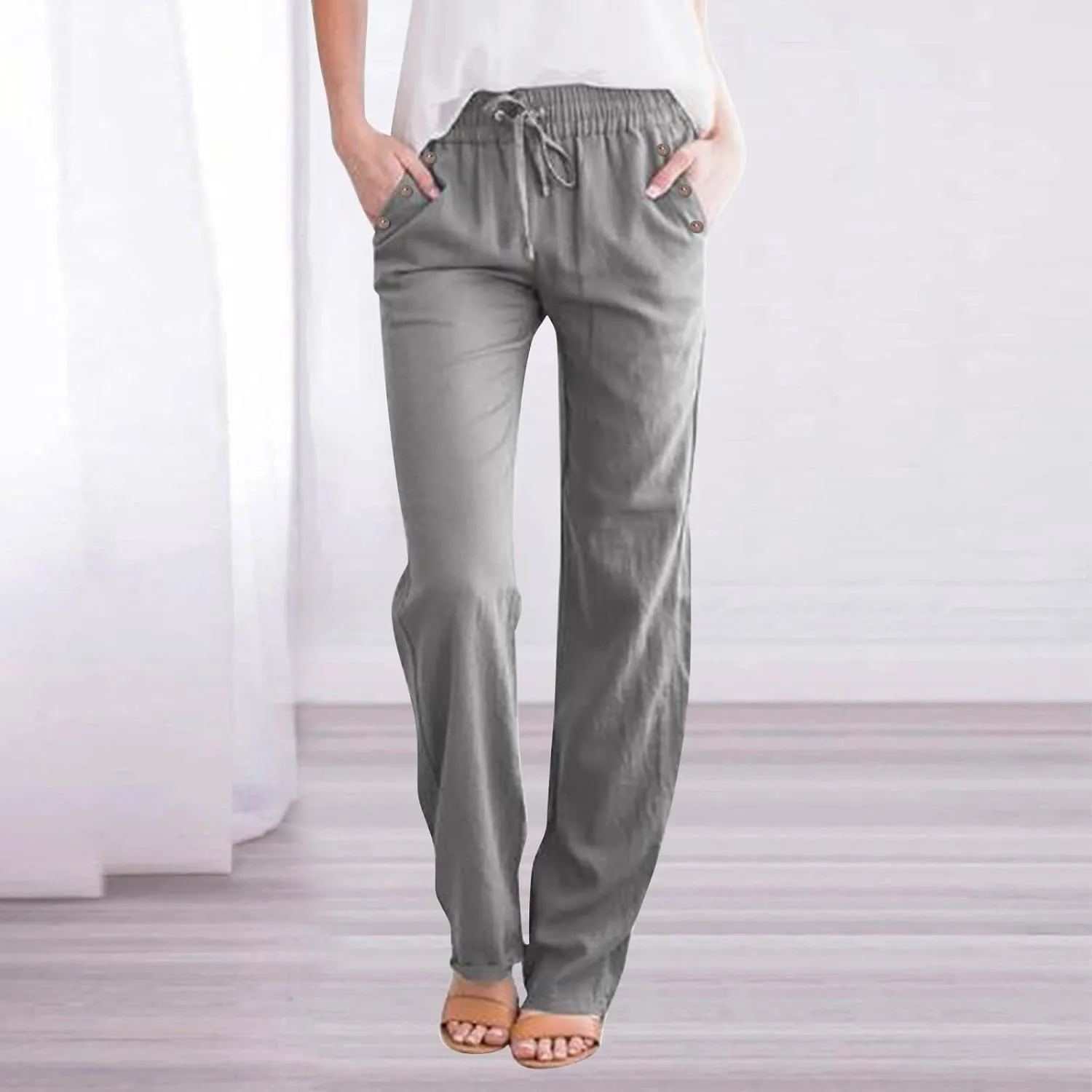 Women's Cotton Linen Summer Casual Loose Pants Low Waist Straight Loose Fit Trousers Trendy