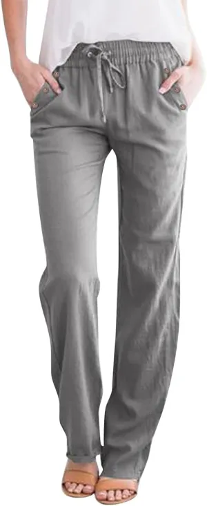 Women's Cotton Linen Summer Casual Loose Pants Low Waist Straight Loose Fit Trousers Trendy