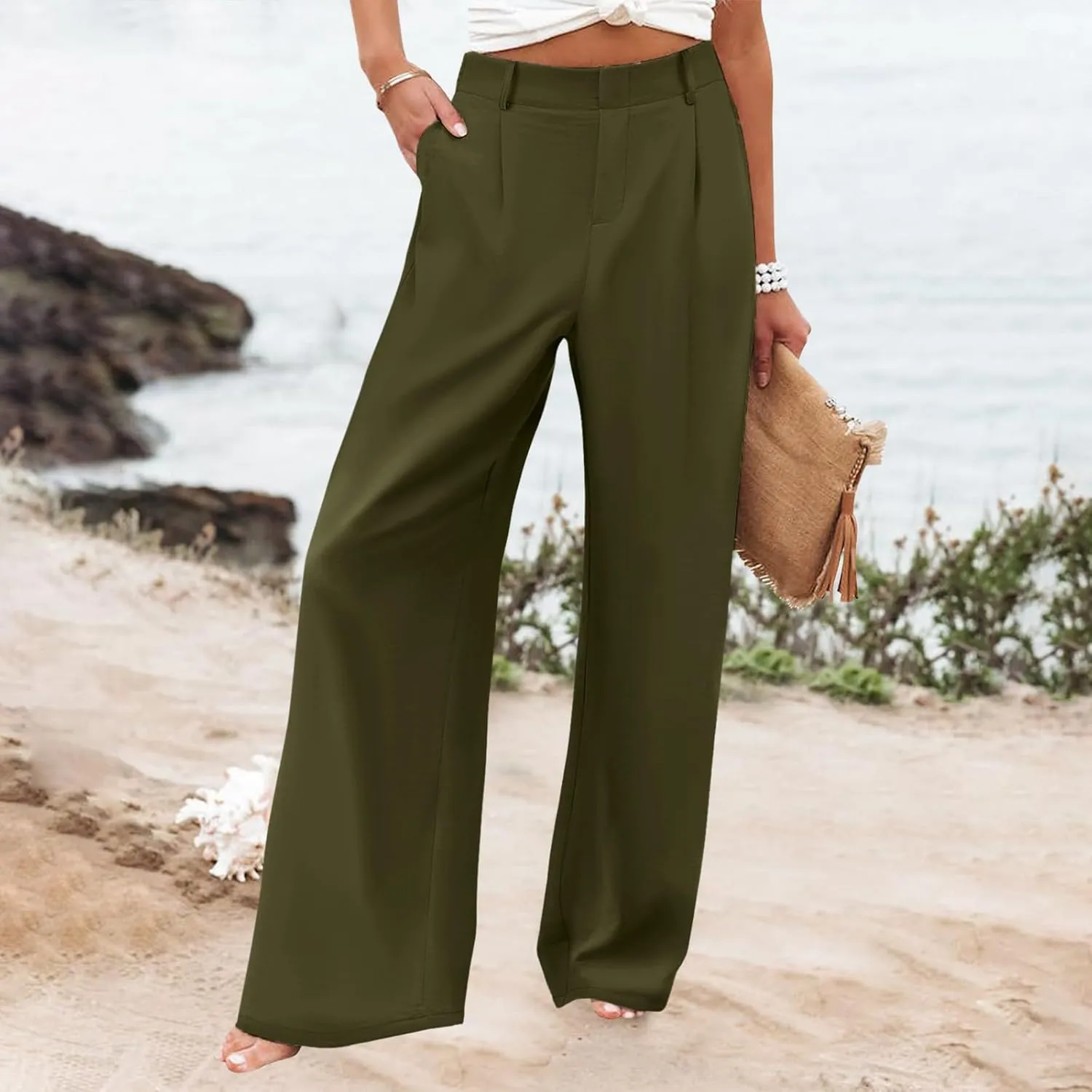 Women's Cotton Linen Summer Cropped Pant Trousers Elastic Waist Stretchy Straight Plus Size Pant Trousers Trendy