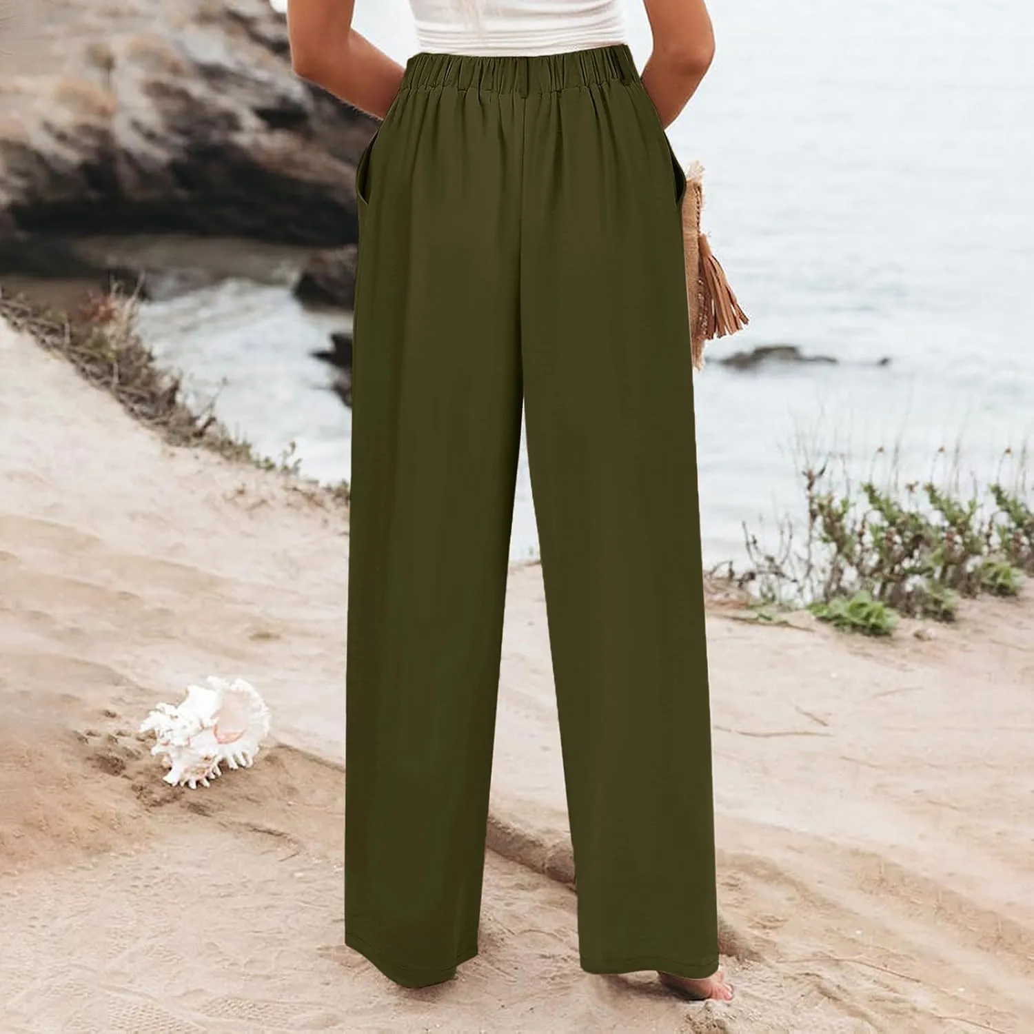 Women's Cotton Linen Summer Cropped Pant Trousers Elastic Waist Stretchy Straight Plus Size Pant Trousers Trendy