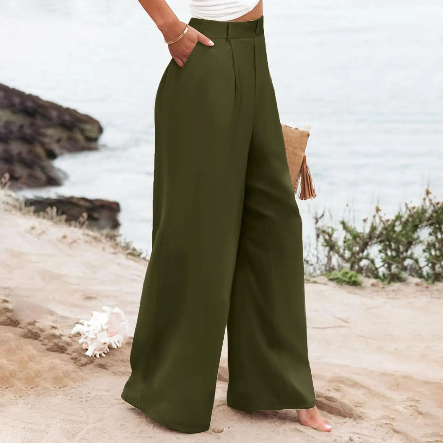 Women's Cotton Linen Summer Cropped Pant Trousers Elastic Waist Stretchy Straight Plus Size Pant Trousers Trendy