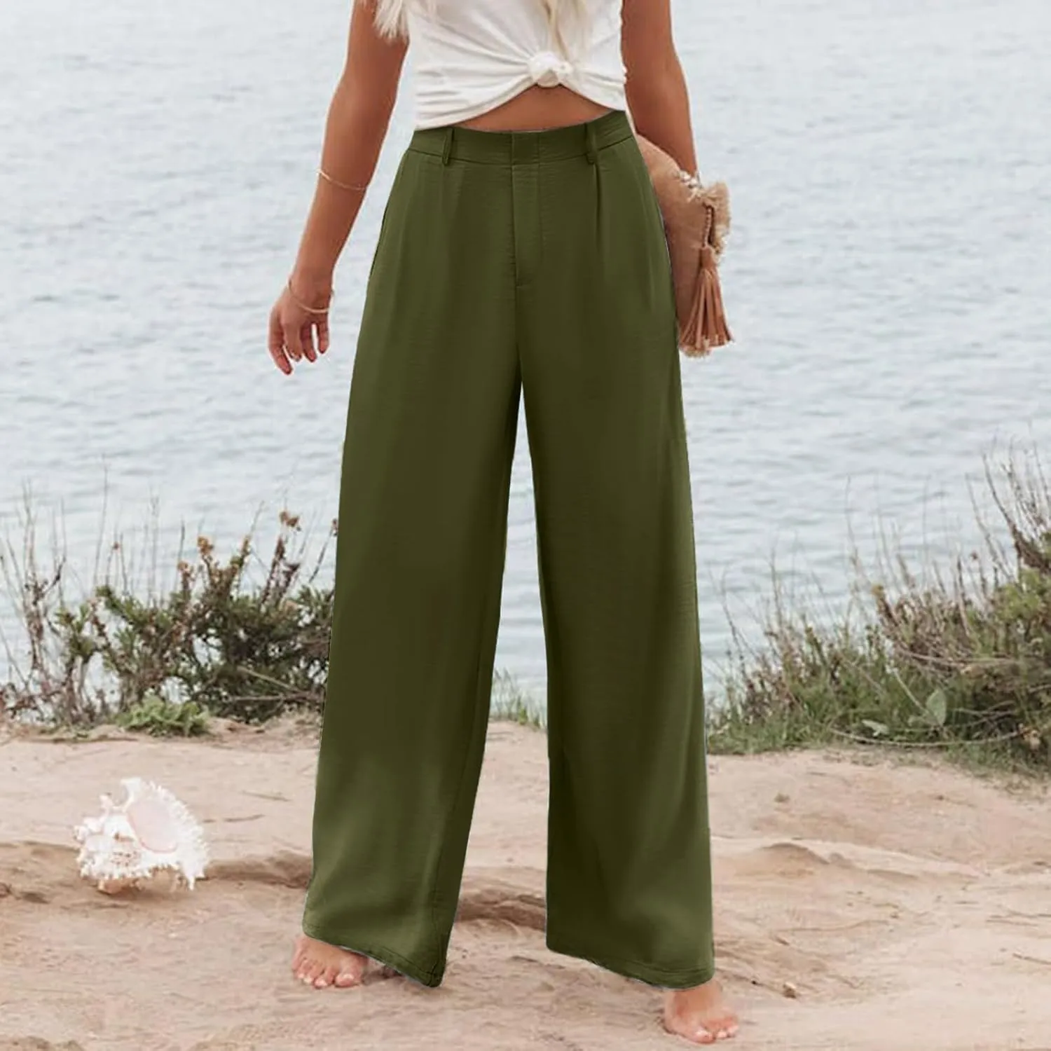 Women's Cotton Linen Summer Cropped Pant Trousers Elastic Waist Stretchy Straight Plus Size Pant Trousers Trendy