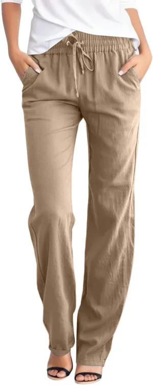 Women's Cotton Linen Summer Floral Palazzo Pants Low Waist Lounge Pants Slim-Fit Trouser Trendy