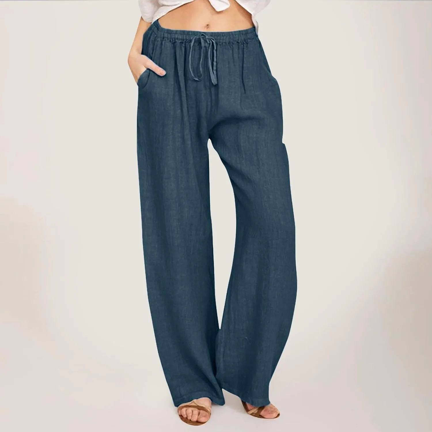 Women's Cotton Linen Summer Floral Palazzo Pants Low Waist Lounge Pants Slim-Fit Trouser Trendy