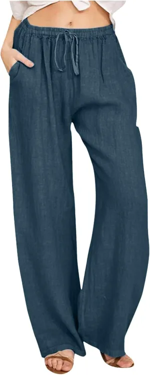 Women's Cotton Linen Summer Floral Palazzo Pants Low Waist Lounge Pants Slim-Fit Trouser Trendy
