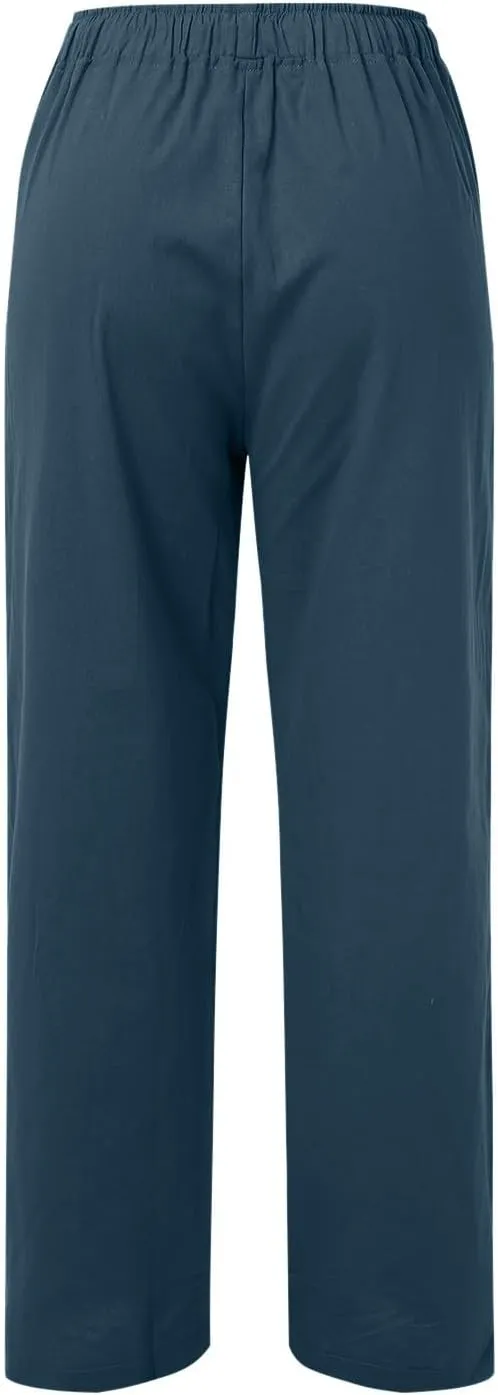 Women's Cotton Linen Summer Floral Palazzo Pants Low Waist Lounge Pants Slim-Fit Trouser Trendy