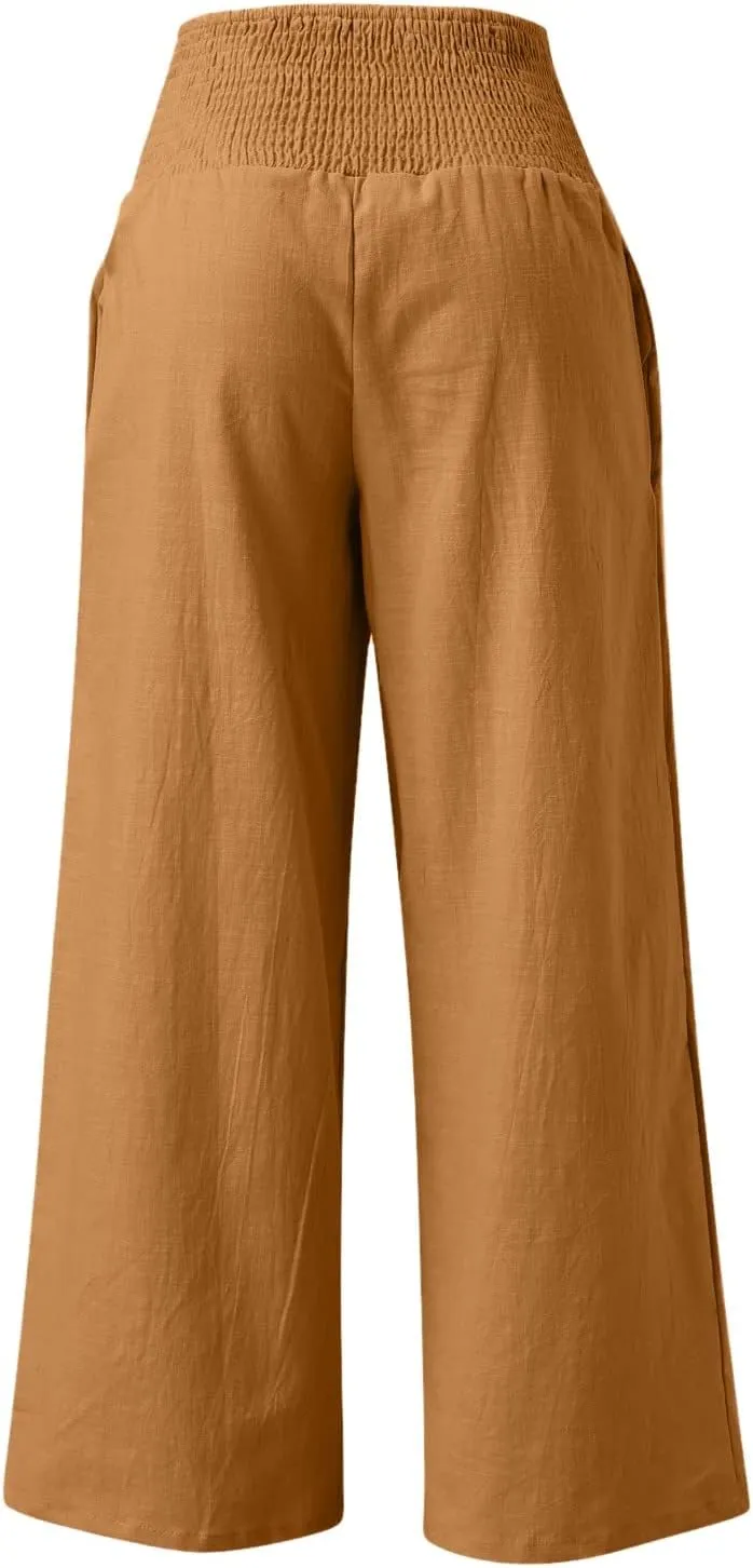 Womens Cotton Linen Summer Flowy Palazzo Pants Elastic Waist Bootcut Plus Size Palazzo Pants Trendy
