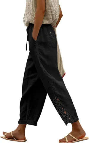 Womens Cotton Linen Summer Flowy Palazzo Pants Elastic Waist Bootcut Plus Size Palazzo Pants Trendy