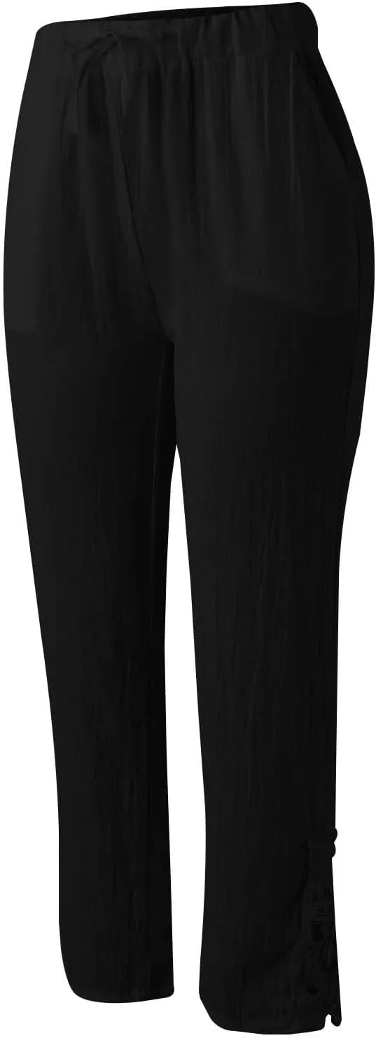 Womens Cotton Linen Summer Flowy Palazzo Pants Elastic Waist Bootcut Plus Size Palazzo Pants Trendy