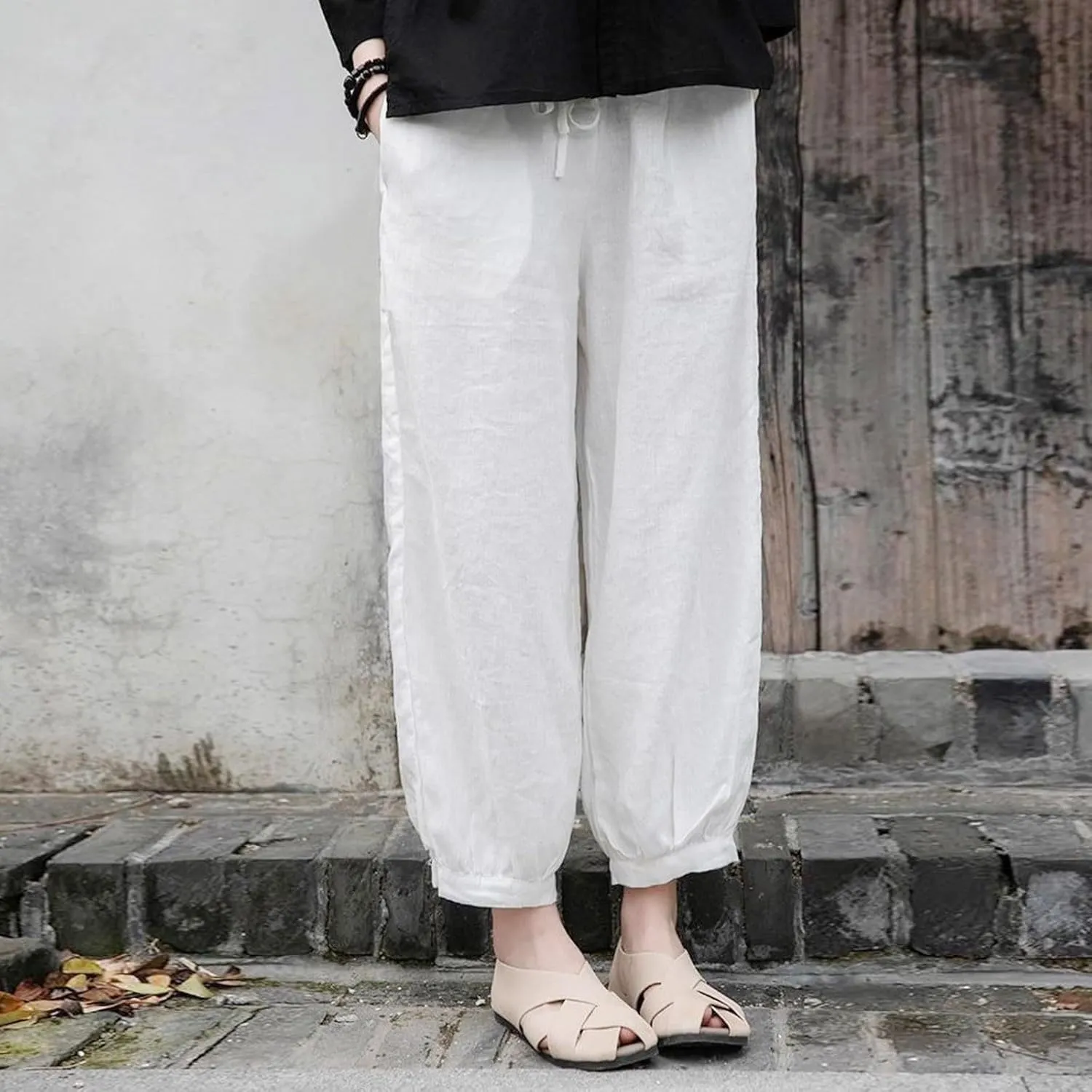 Womens Cotton Linen Summer Flowy Palazzo Pants Elastic Waist Bootcut Plus Size Palazzo Pants Trendy