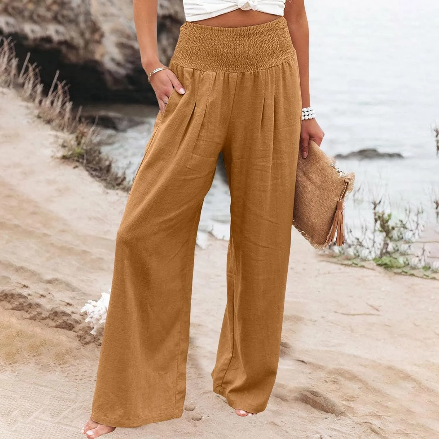 Womens Cotton Linen Summer Flowy Palazzo Pants Elastic Waist Bootcut Plus Size Palazzo Pants Trendy