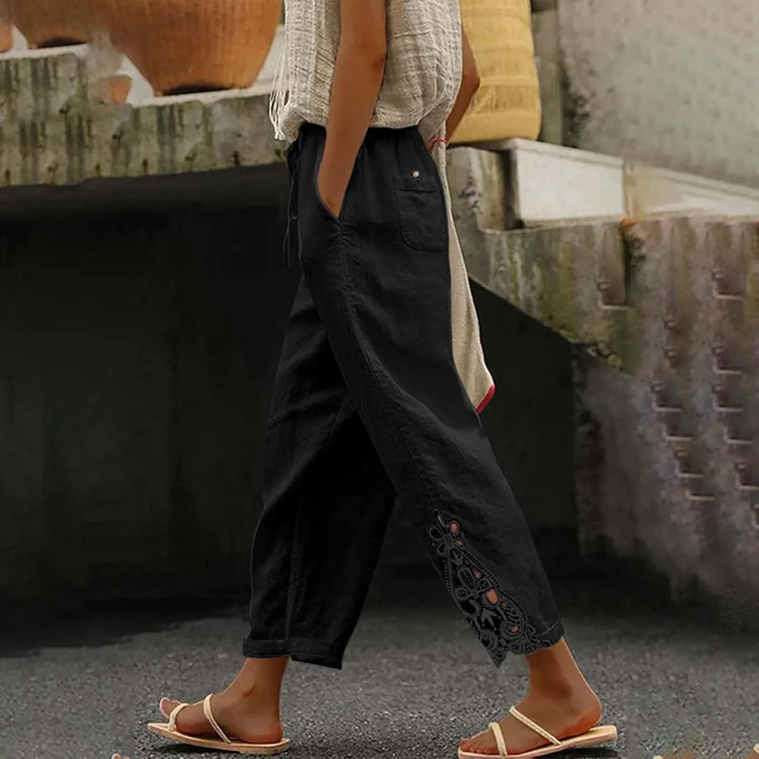 Womens Cotton Linen Summer Flowy Palazzo Pants Elastic Waist Bootcut Plus Size Palazzo Pants Trendy