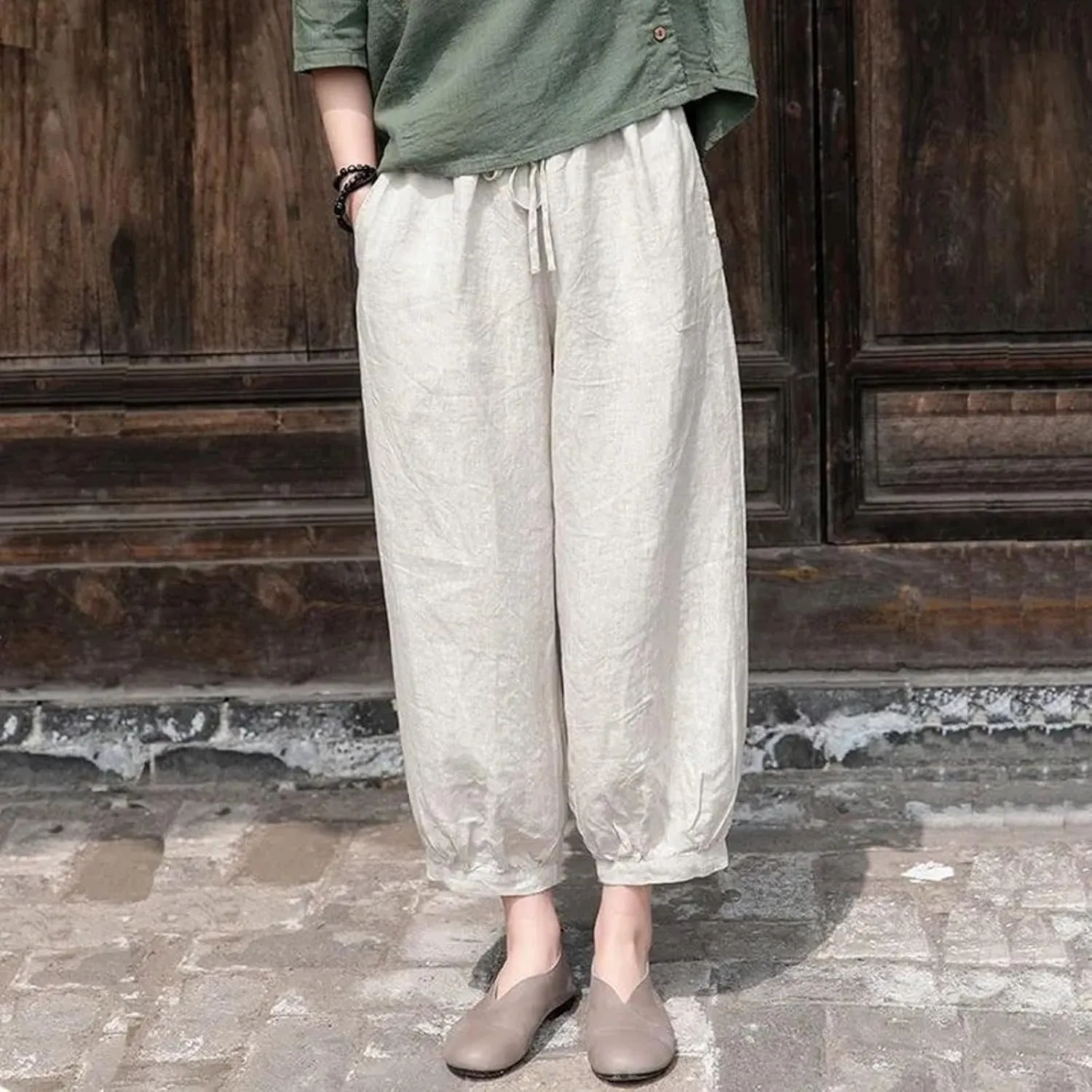 Womens Cotton Linen Summer Flowy Palazzo Pants Elastic Waist Bootcut Plus Size Palazzo Pants Trendy