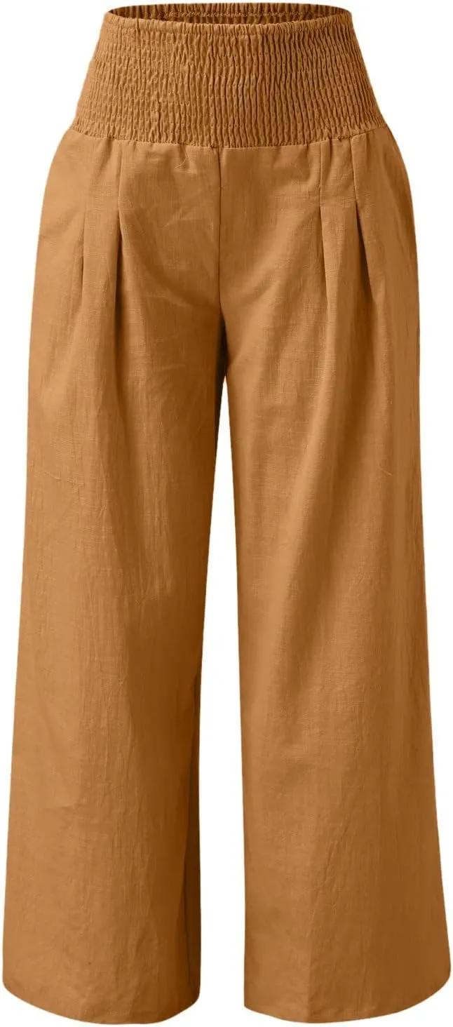 Womens Cotton Linen Summer Flowy Palazzo Pants Elastic Waist Bootcut Plus Size Palazzo Pants Trendy