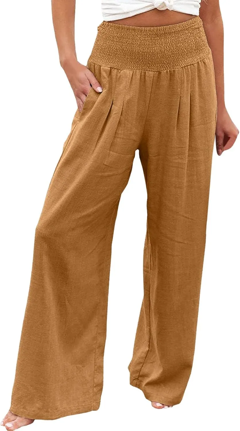 Womens Cotton Linen Summer Flowy Palazzo Pants Elastic Waist Bootcut Plus Size Palazzo Pants Trendy
