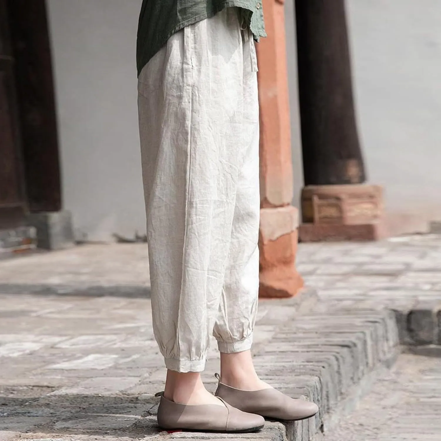 Womens Cotton Linen Summer Flowy Palazzo Pants Elastic Waist Bootcut Plus Size Palazzo Pants Trendy