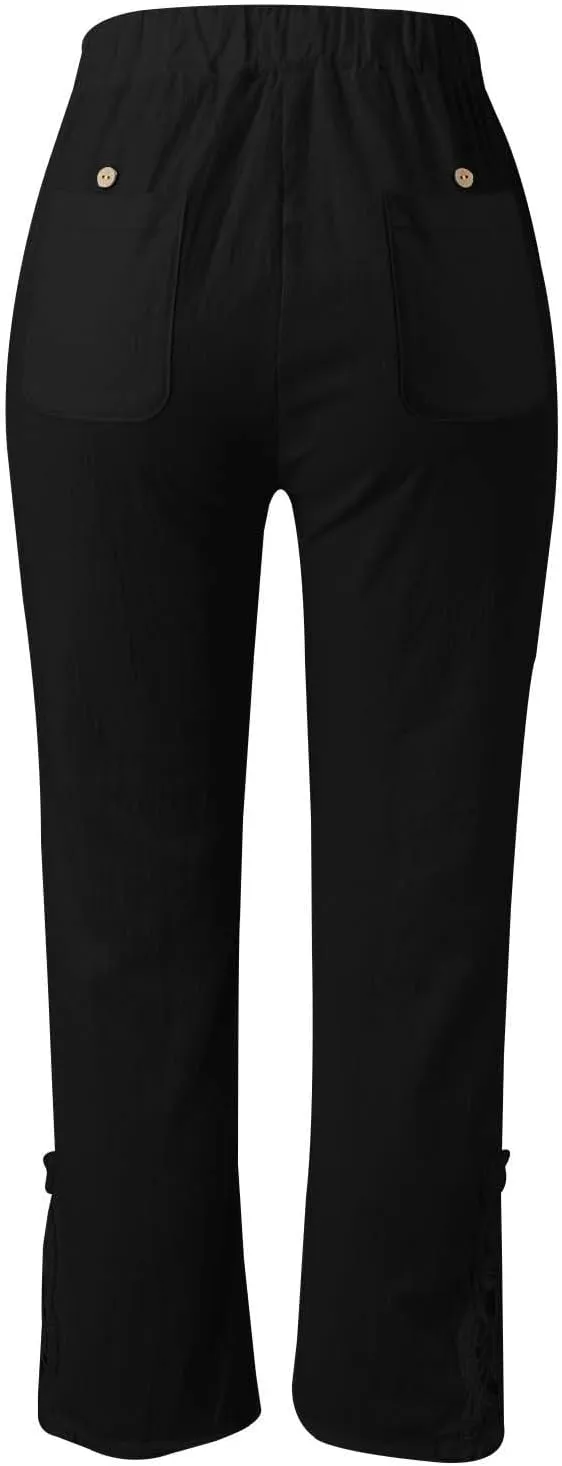 Womens Cotton Linen Summer Flowy Palazzo Pants Elastic Waist Bootcut Plus Size Palazzo Pants Trendy