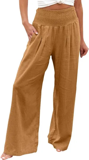 Womens Cotton Linen Summer Flowy Palazzo Pants Elastic Waist Bootcut Plus Size Palazzo Pants Trendy