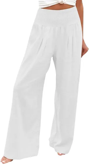Women's Cotton Linen Summer Pull On Palazzo Lounge Pants Low Waist Bootcut Slim-Fit Trousers Trendy